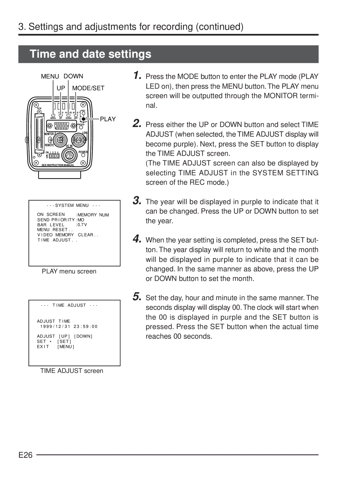 JVC KY-F70 manual Time and date settings, E26, Play menu screen, Time Adjust screen 