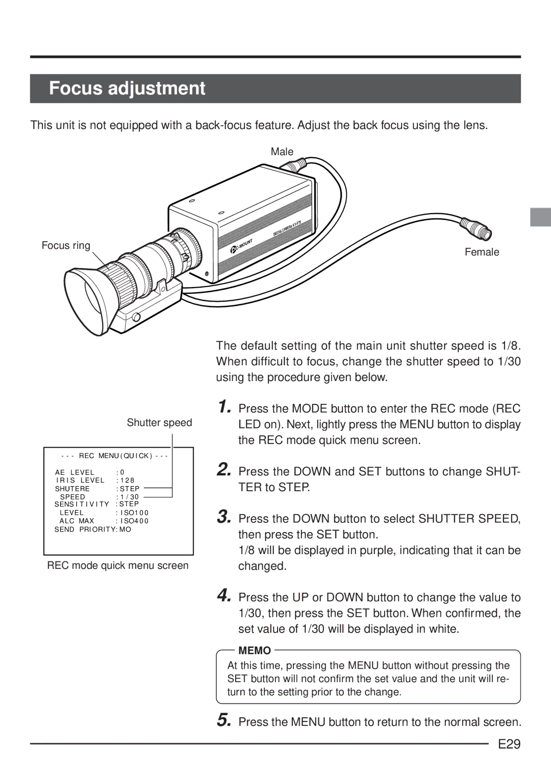 JVC KY-F70 manual Focus adjustment, E29, Press the Menu button to return to the normal screen 