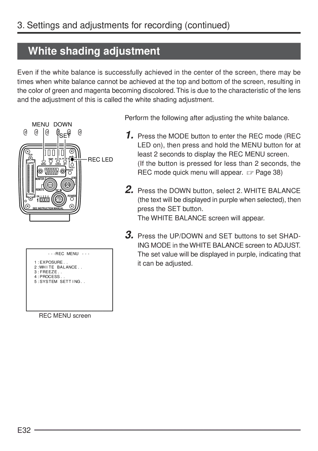 JVC KY-F70 manual White shading adjustment, E32, REC Menu screen 