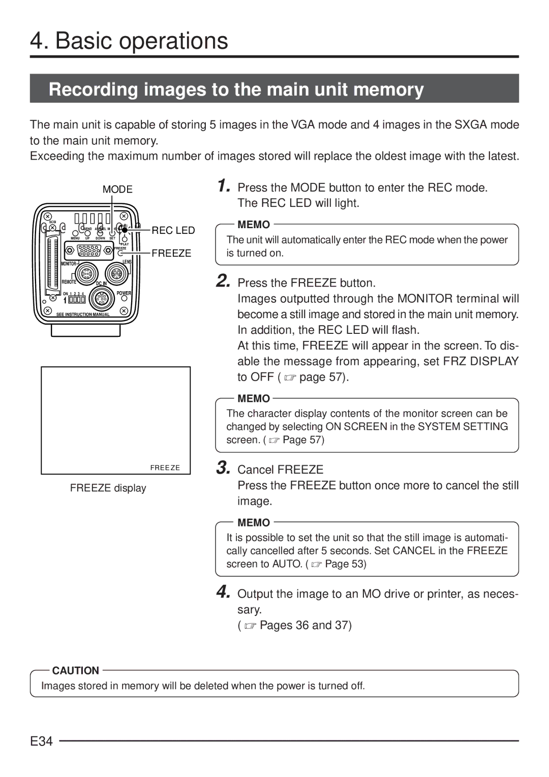 JVC KY-F70 manual Basic operations, Recording images to the main unit memory, E34, Freeze display 