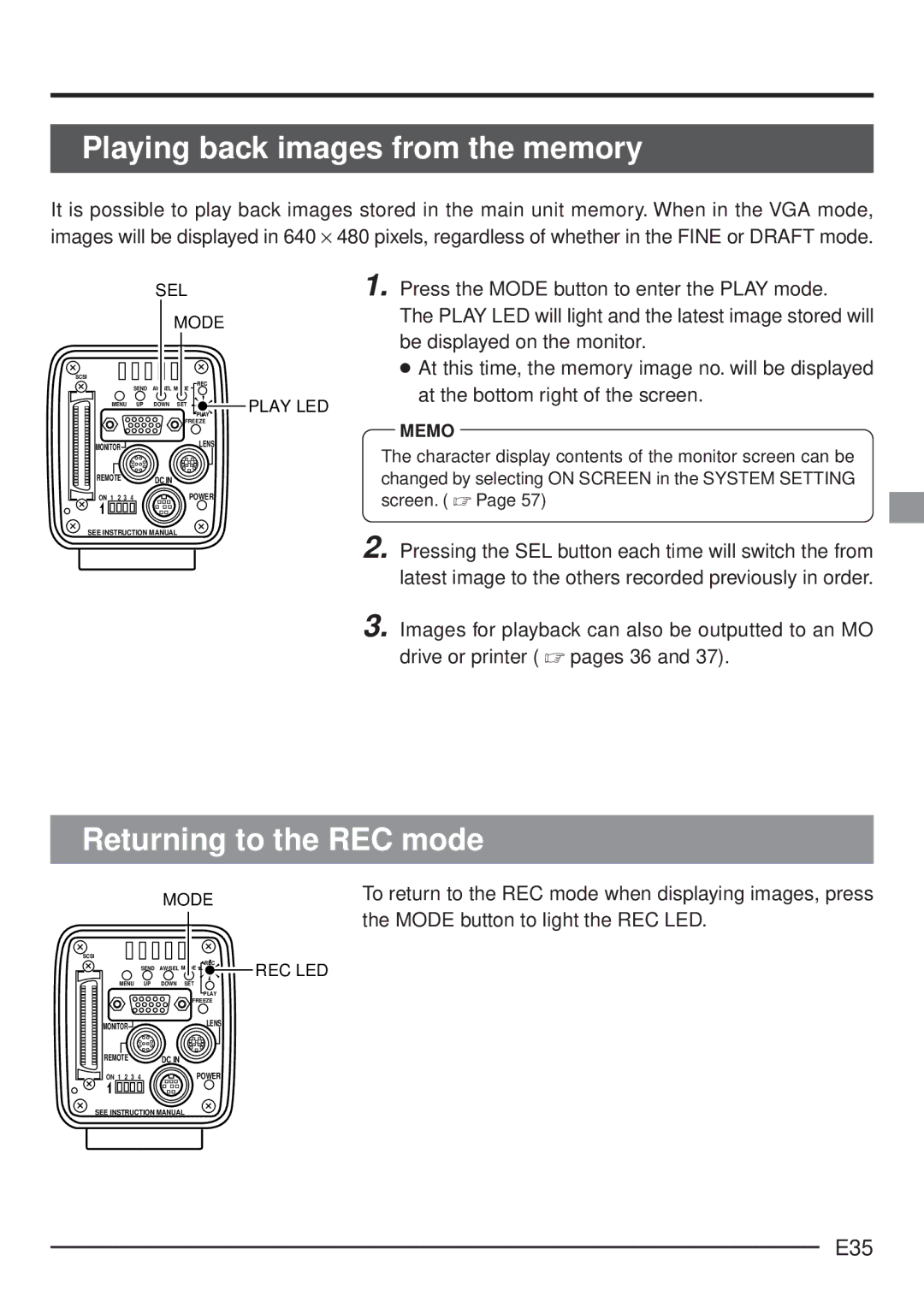 JVC KY-F70 manual Playing back images from the memory, Returning to the REC mode, E35, Be displayed on the monitor 