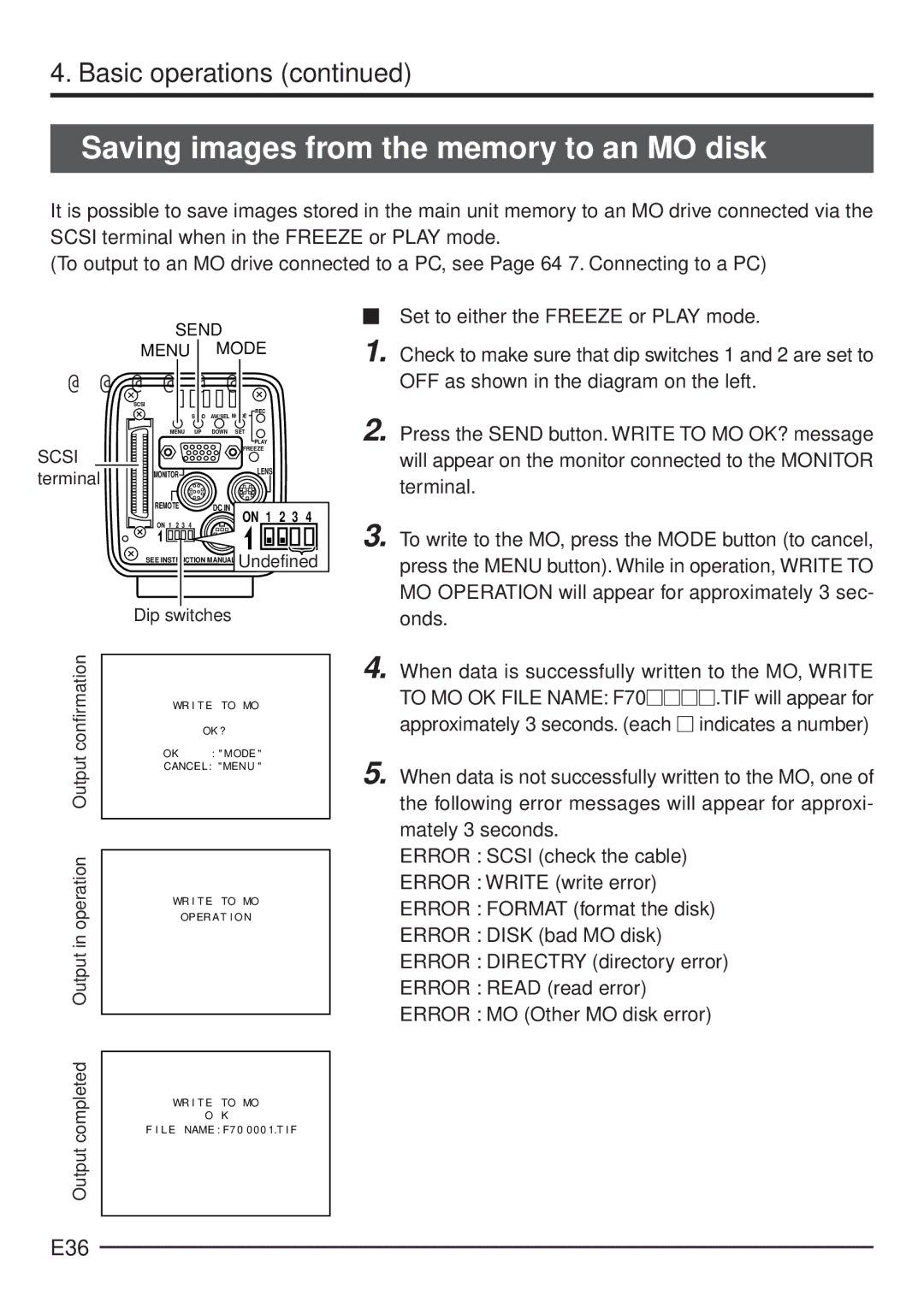 JVC KY-F70 manual Saving images from the memory to an MO disk, E36 