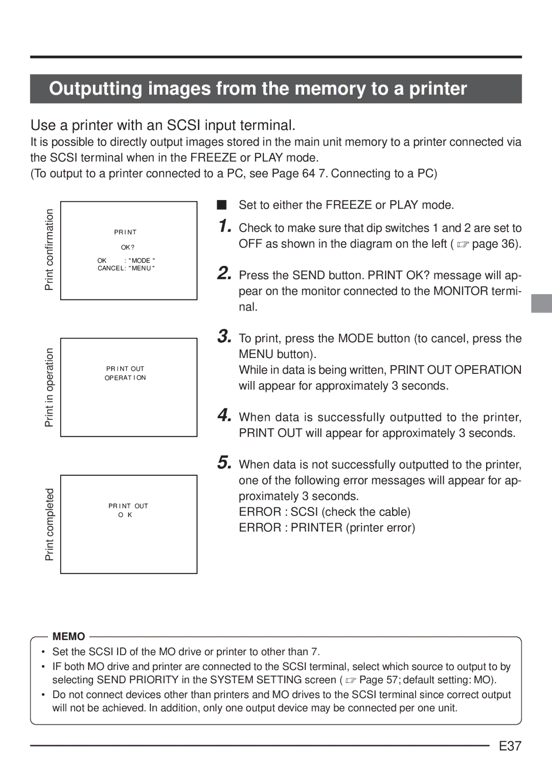 JVC KY-F70 manual Outputting images from the memory to a printer, Use a printer with an Scsi input terminal, E37 