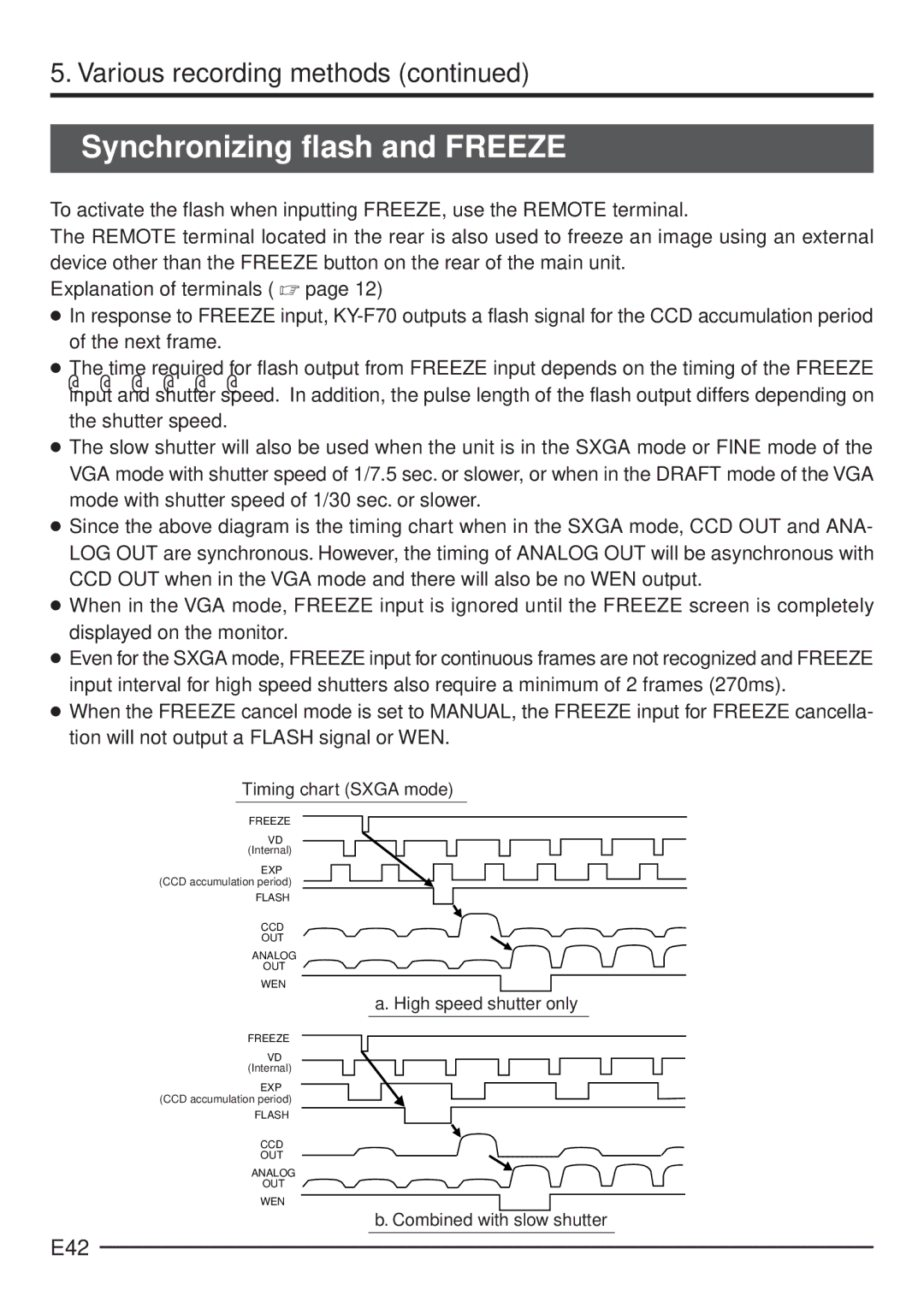 JVC KY-F70 manual Synchronizing flash and Freeze, E42, Timing chart Sxga mode, High speed shutter only 