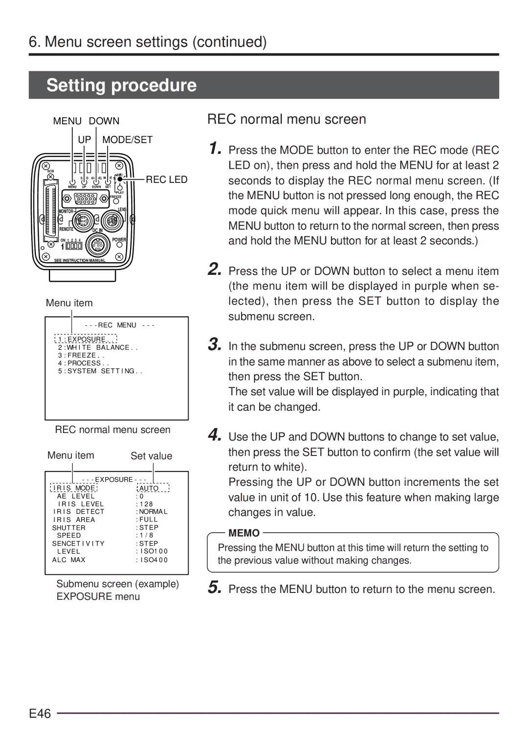 JVC KY-F70 manual Setting procedure, E46, REC normal menu screen Menu item Set value 