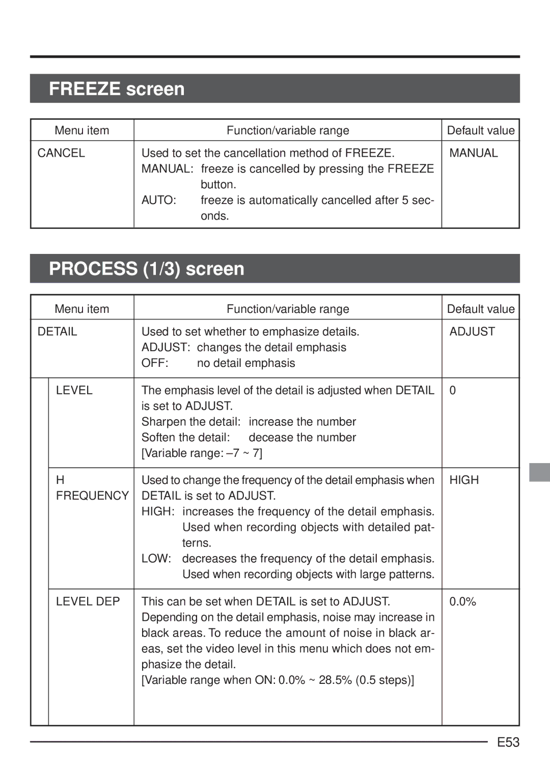 JVC KY-F70 manual Freeze screen, Process 1/3 screen, E53 