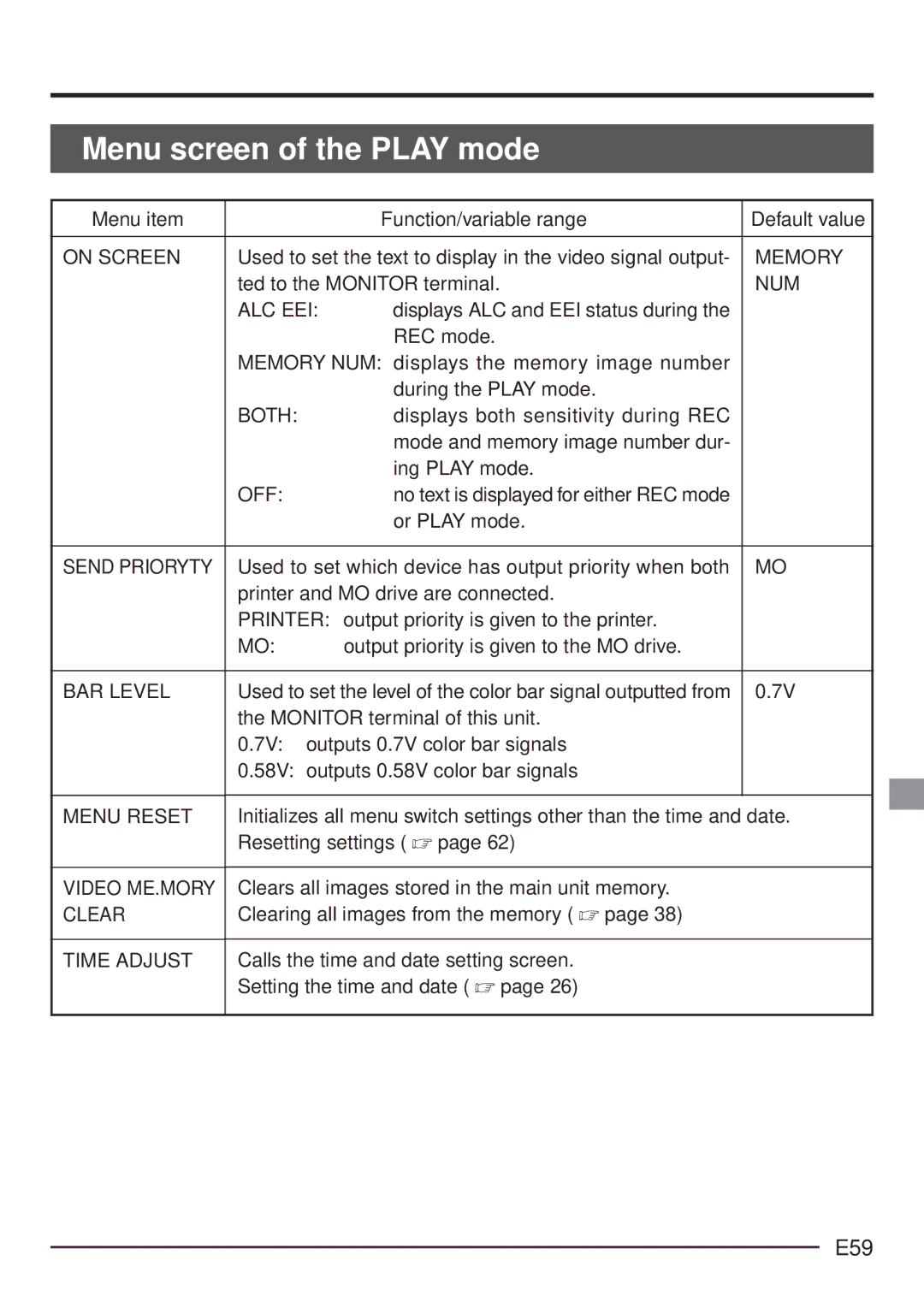 JVC KY-F70 manual Menu screen of the Play mode, E59, Send Prioryty, Video ME.MORY 
