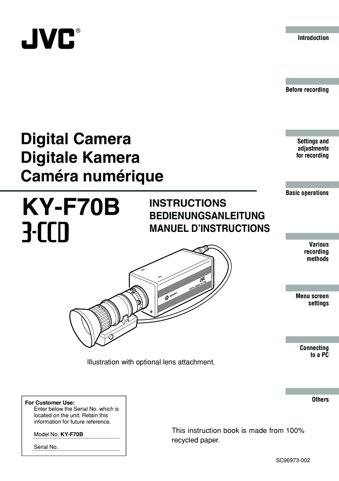 JVC KY-F70B manual Illustration with optional lens attachment, This instruction book is made from 100% recycled paper 