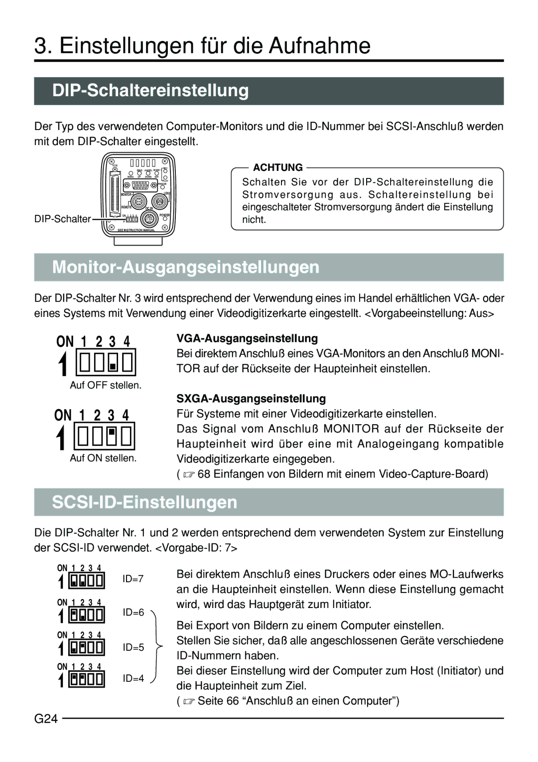 JVC KY-F70B Einstellungen für die Aufnahme, DIP-Schaltereinstellung, Monitor-Ausgangseinstellungen, SCSI-ID-Einstellungen 