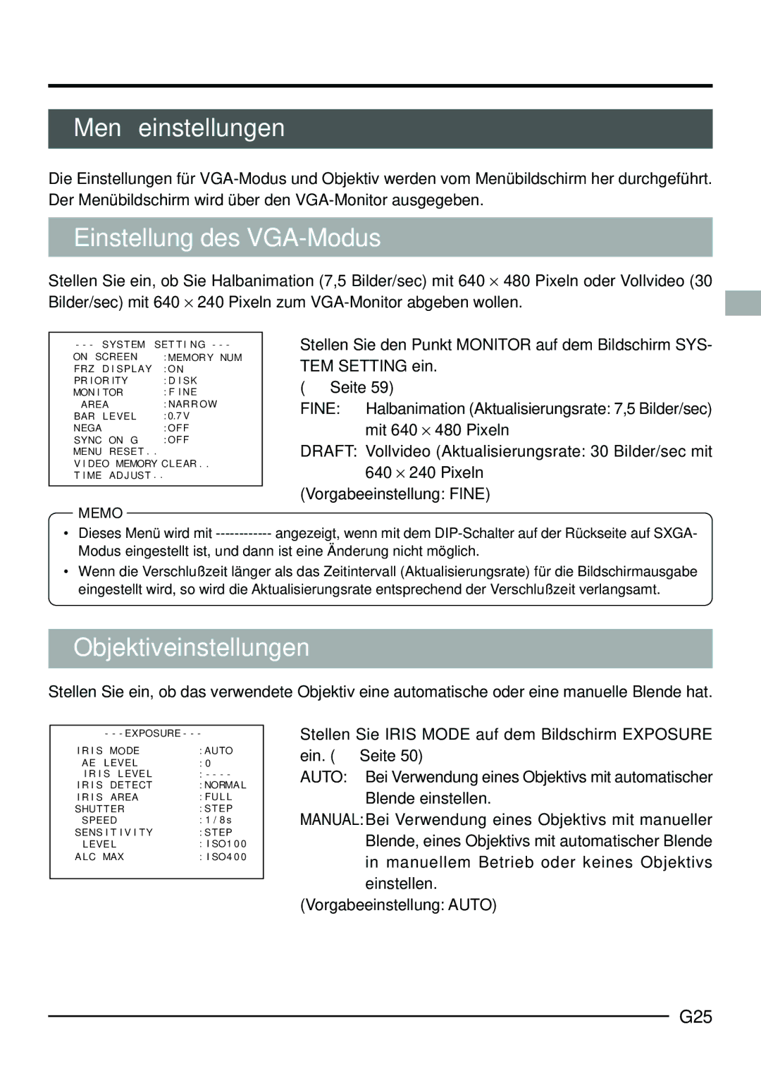 JVC KY-F70B manual Menüeinstellungen, Einstellung des VGA-Modus, Objektiveinstellungen, G25 