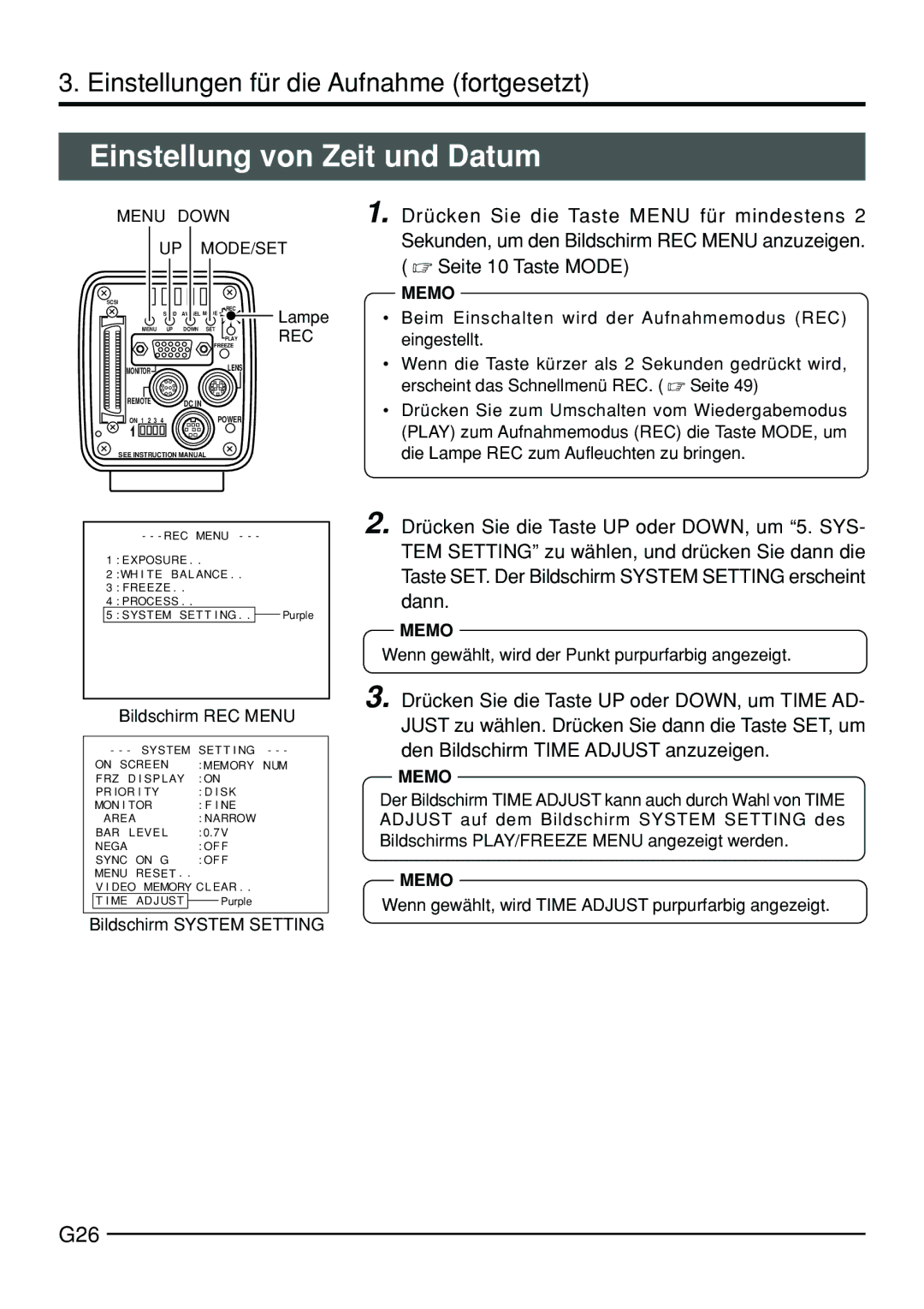 JVC KY-F70B manual Einstellung von Zeit und Datum, G26 