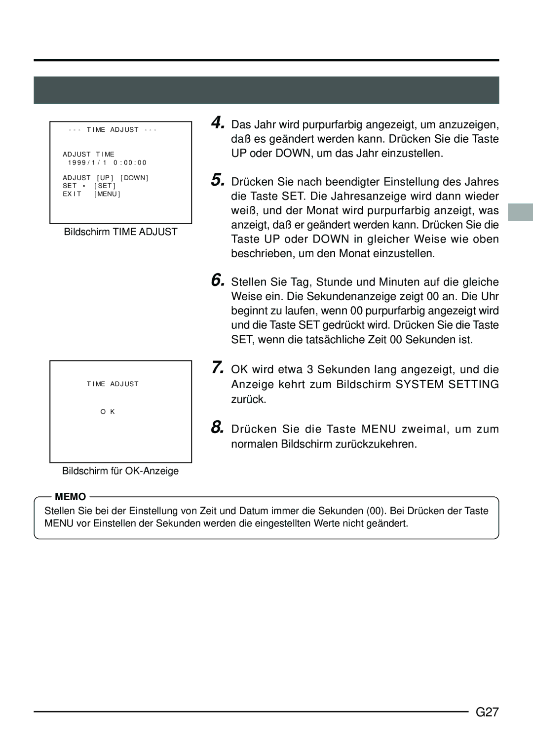 JVC KY-F70B manual G27, Bildschirm Time Adjust, Bildschirm für OK-Anzeige 