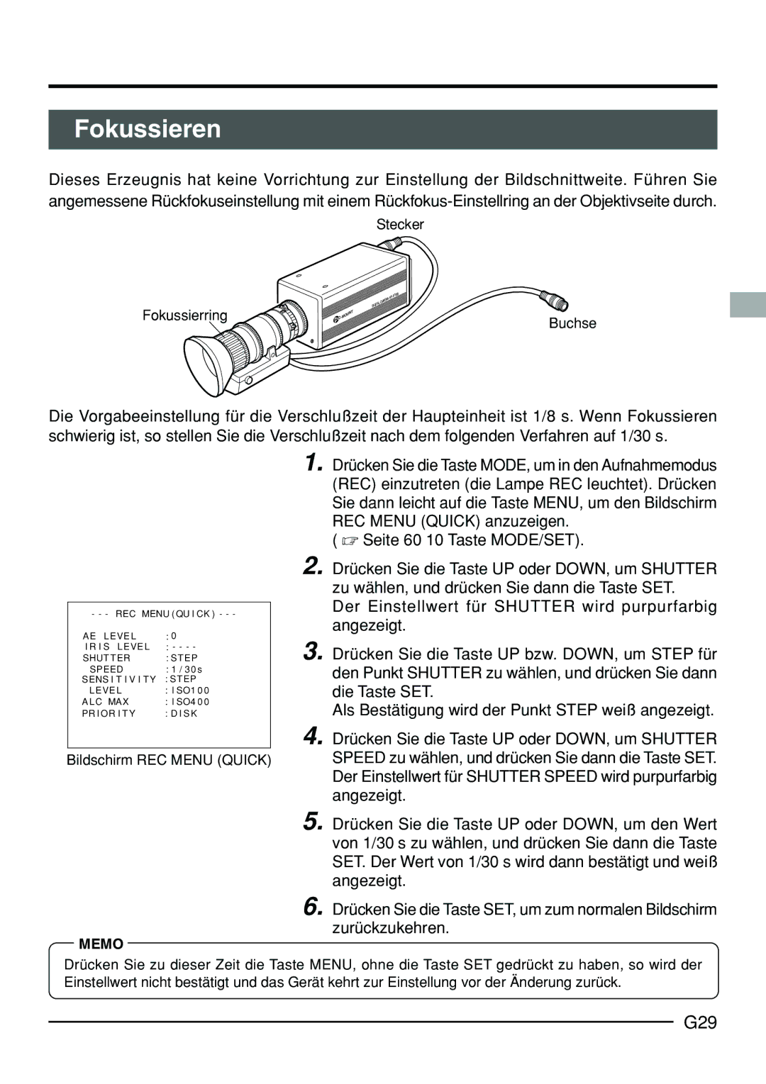 JVC KY-F70B manual Fokussieren, G29,  Seite 60 10 Taste MODE/SET, Stecker Fokussierring, Bildschirm REC Menu Quick 