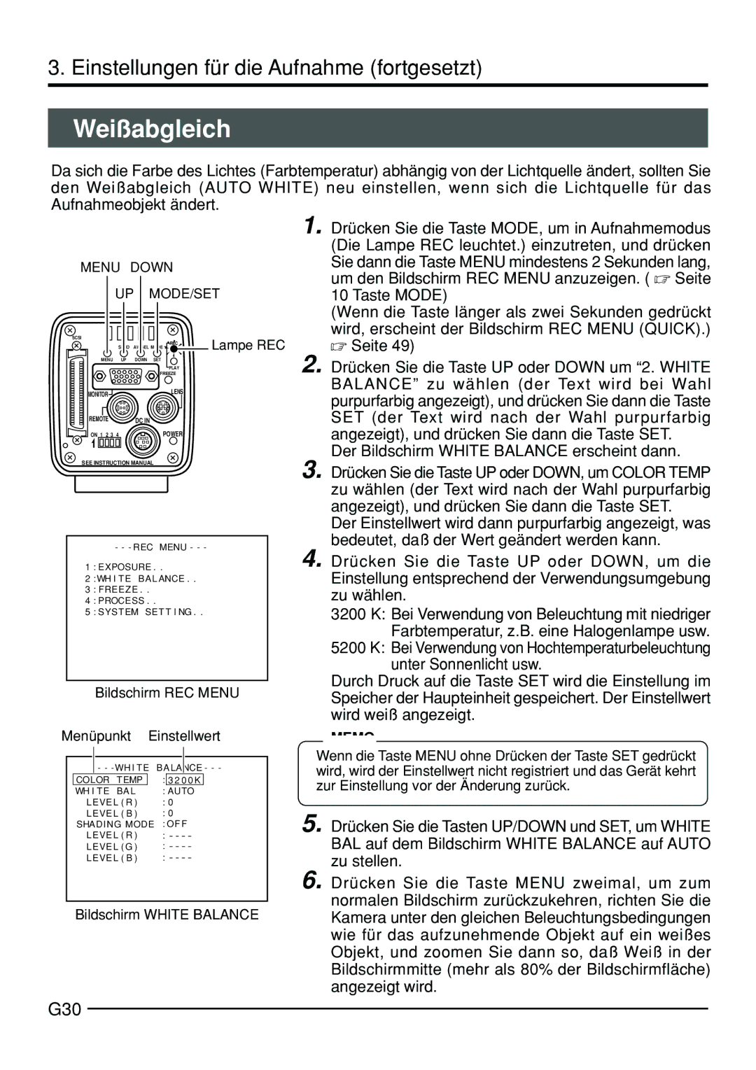 JVC KY-F70B manual Weißabgleich, G30, Bildschirm REC Menu Menüpunkt Einstellwert, Bildschirm White Balance 