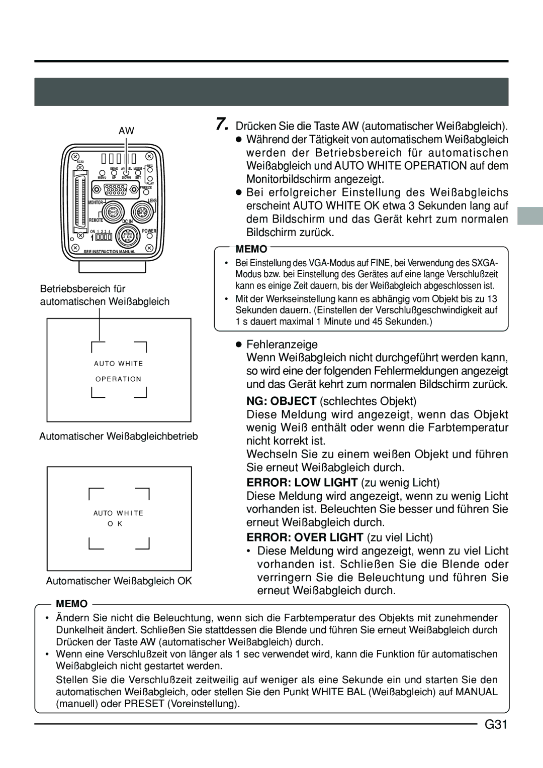 JVC KY-F70B manual G31, Drücken Sie die Taste AW automatischer Weißabgleich, Fehleranzeige, Error LOW Light zu wenig Licht 