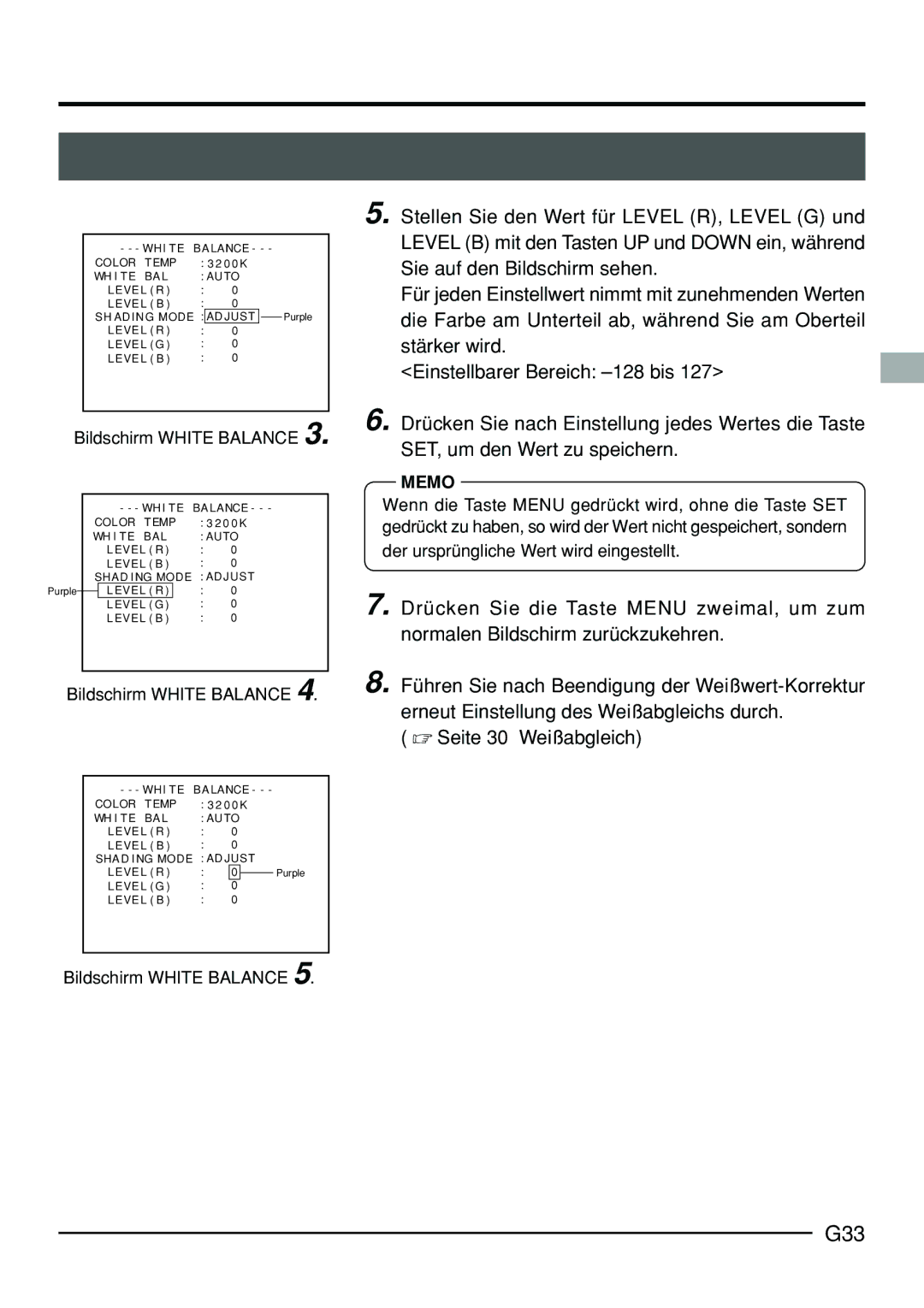 JVC KY-F70B manual G33,  Seite 30 Weißabgleich 