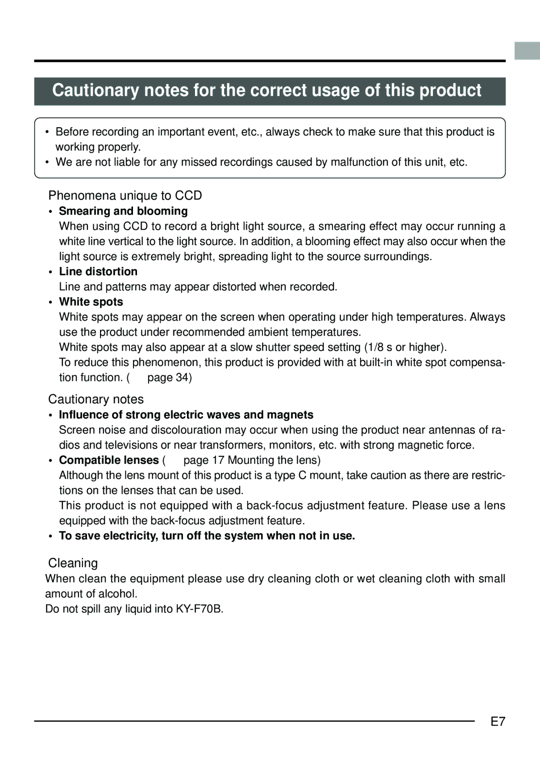 JVC KY-F70B manual  Phenomena unique to CCD,  Cautionary notes,  Cleaning 