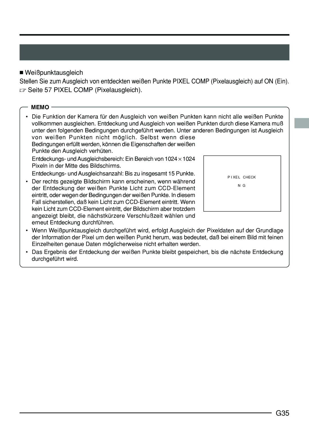 JVC KY-F70B manual G35,  Weißpunktausgleich,  Seite 57 Pixel Comp Pixelausgleich 