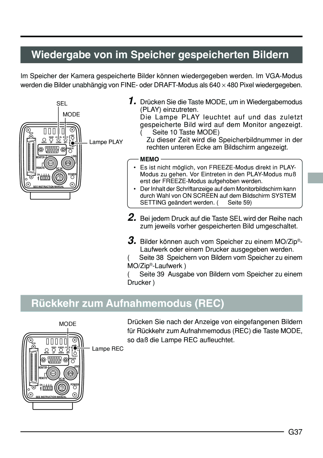 JVC KY-F70B manual Wiedergabe von im Speicher gespeicherten Bildern, Rückkehr zum Aufnahmemodus REC, G37 