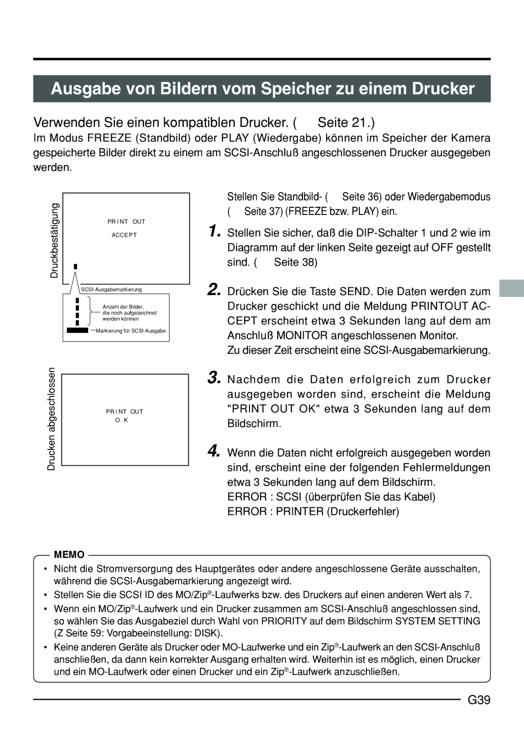 JVC KY-F70B manual Ausgabe von Bildern vom Speicher zu einem Drucker, Verwenden Sie einen kompatiblen Drucker.  Seite, G39 