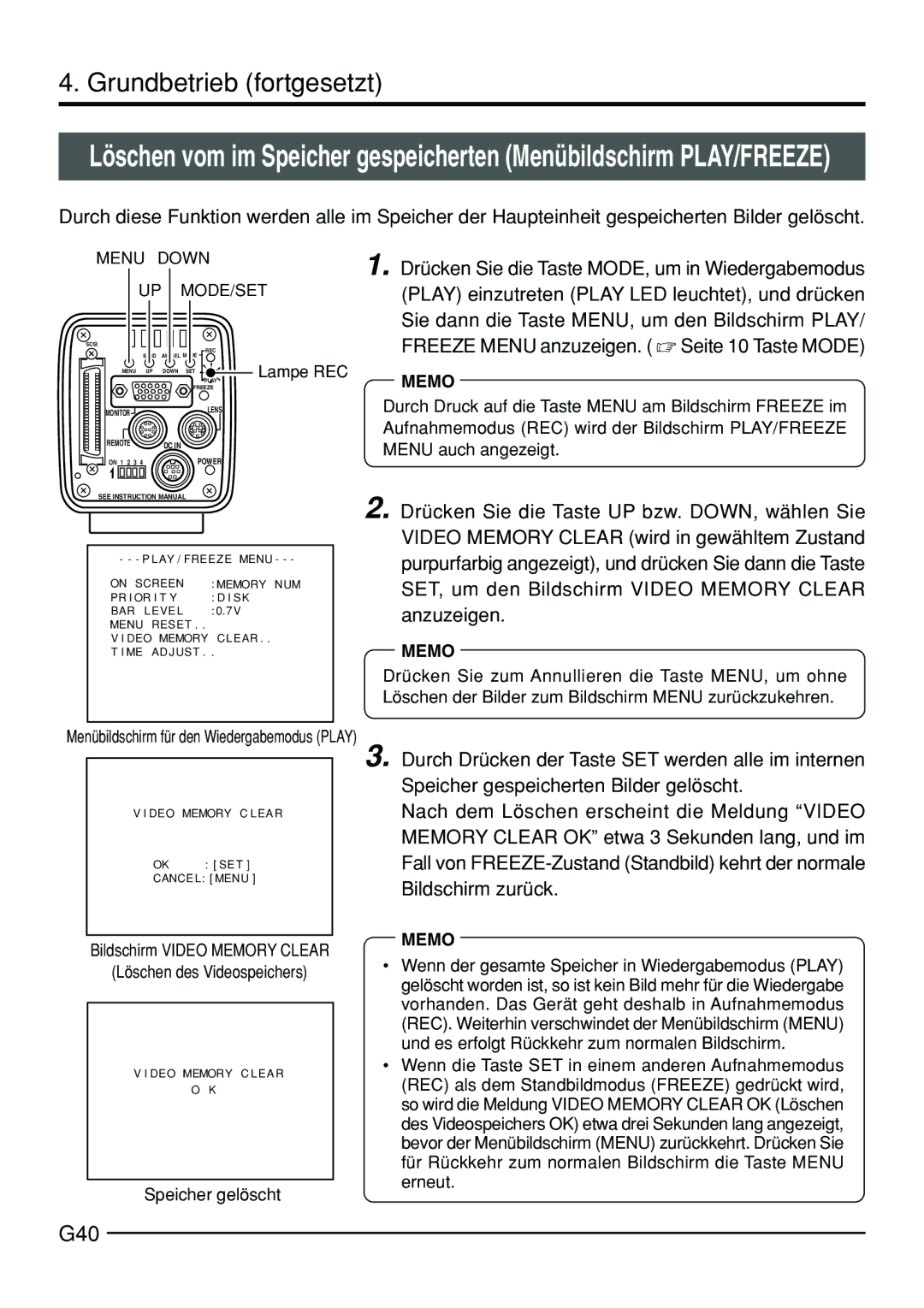 JVC KY-F70B manual G40, Play einzutreten Play LED leuchtet, und drücken, Sie dann die Taste MENU, um den Bildschirm Play 