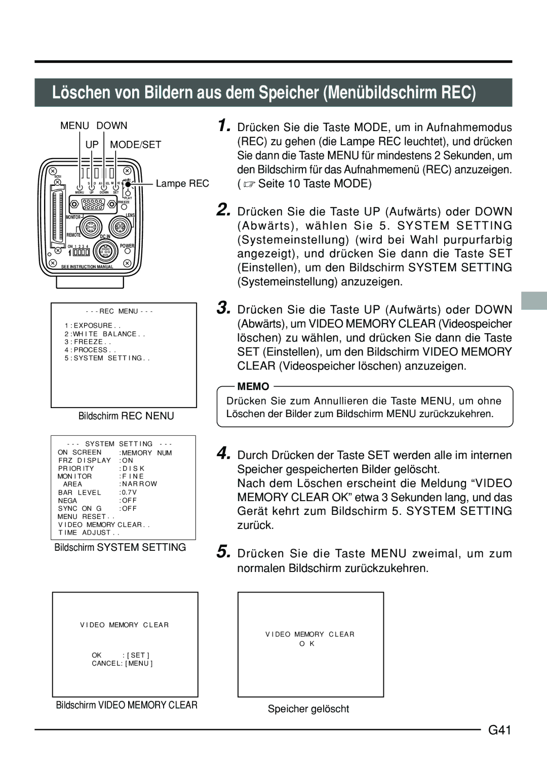 JVC KY-F70B manual G41, Drücken Sie die Taste UP Aufwärts oder Down, Abwärts, wählen Sie 5. System Setting 