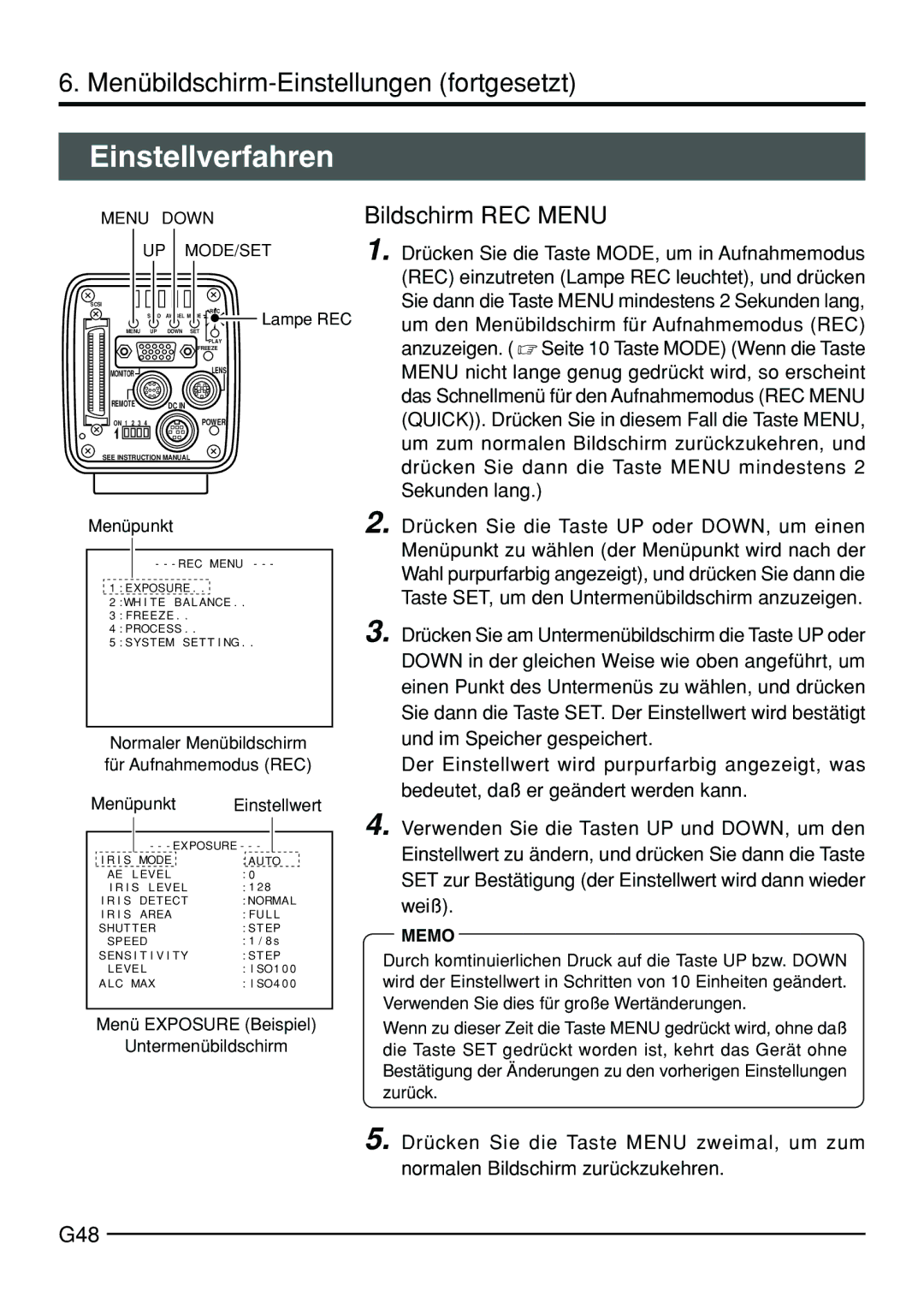 JVC KY-F70B manual Einstellverfahren, Bildschirm REC Menu, G48, Menü Exposure Beispiel Untermenübildschirm 