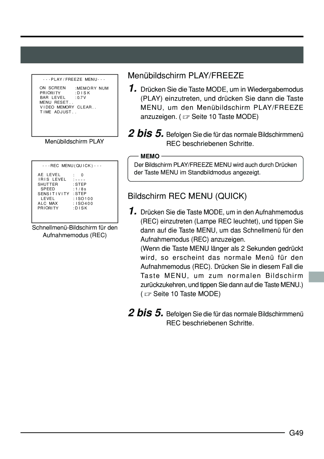 JVC KY-F70B manual Menübildschirm PLAY/FREEZE, Bildschirm REC Menu Quick, G49, Menübildschirm Play 