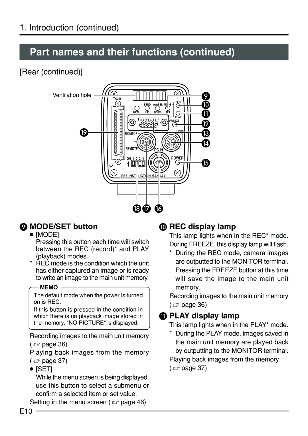 JVC KY-F70B manual E10, Mode, Playback modes, This lamp lights when in the PLAY* mode, Ventilation hole 