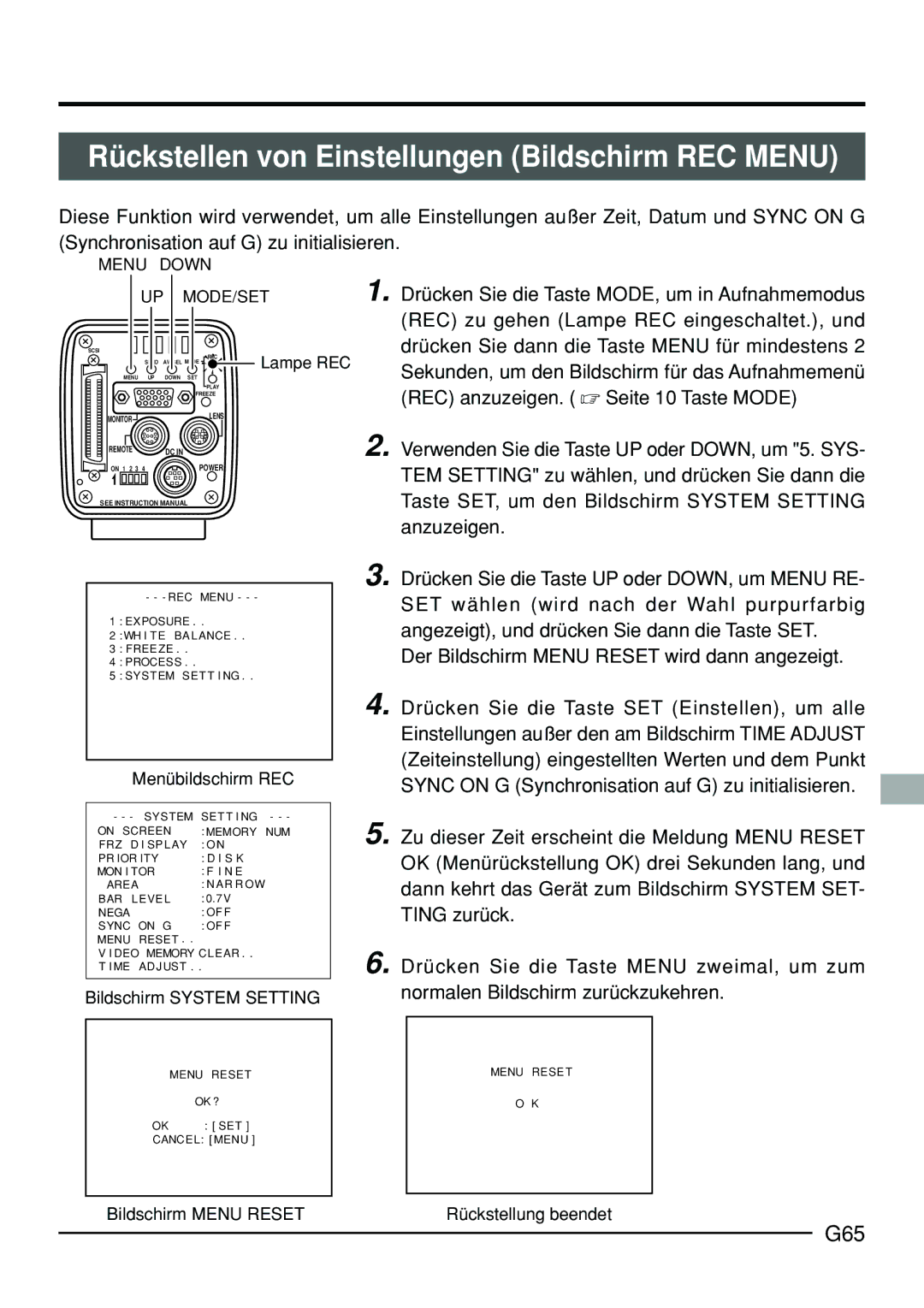 JVC KY-F70B manual Rückstellen von Einstellungen Bildschirm REC Menu, G65 