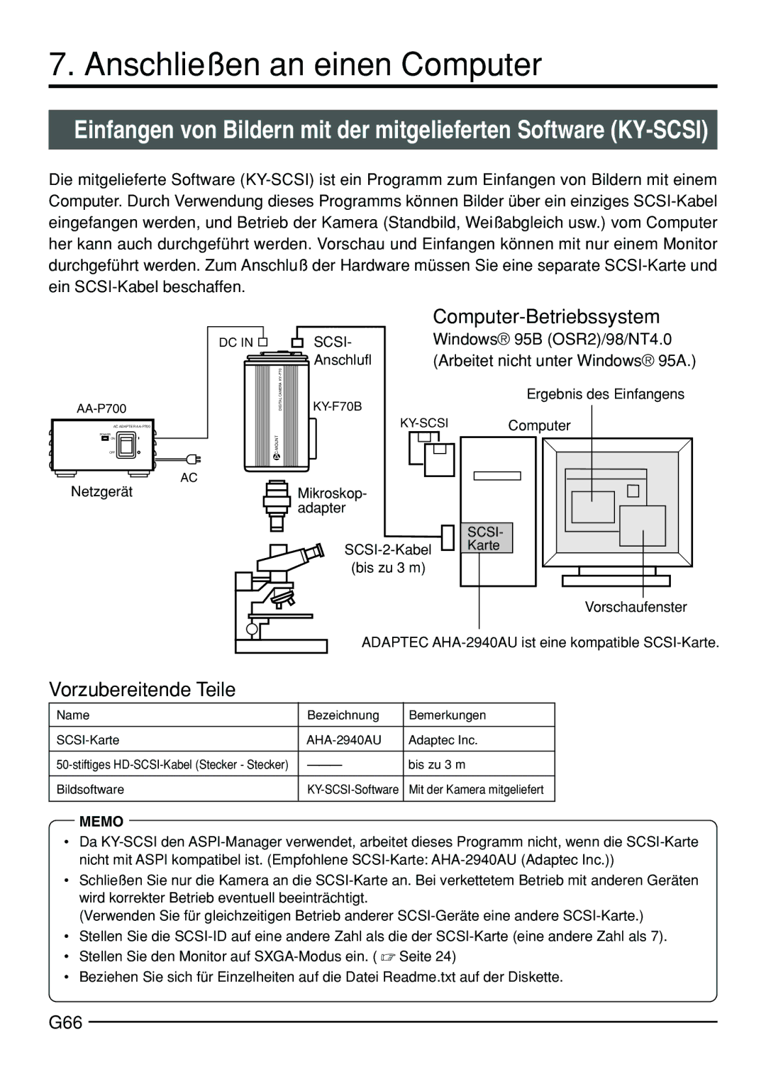 JVC KY-F70B Anschließen an einen Computer, Computer-Betriebssystem, Vorzubereitende Teile, G66, Windows 95B OSR2/98/NT4.0 