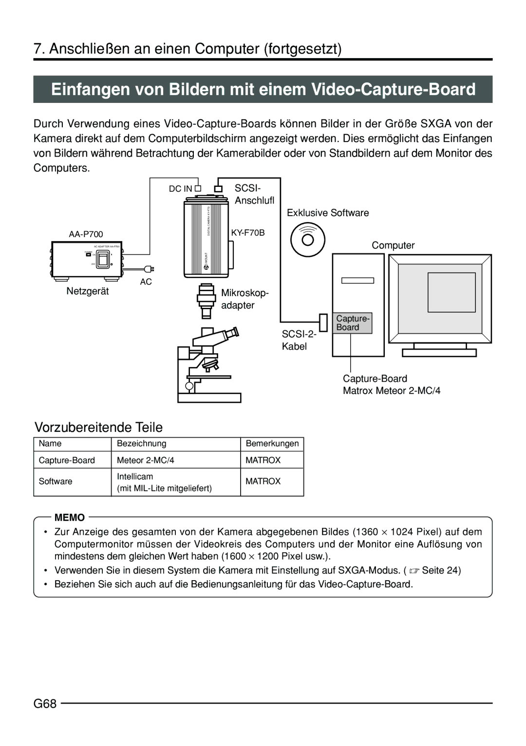 JVC KY-F70B manual Einfangen von Bildern mit einem Video-Capture-Board, G68, Mikroskop- adapter Exklusive Software Computer 