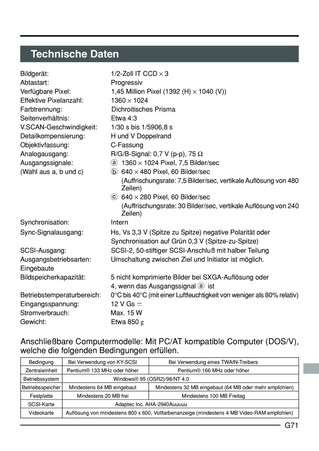 JVC KY-F70B manual Technische Daten, G71, Zeilen, 640 ⋅ 280 Pixel, 60 Bilder/sec 