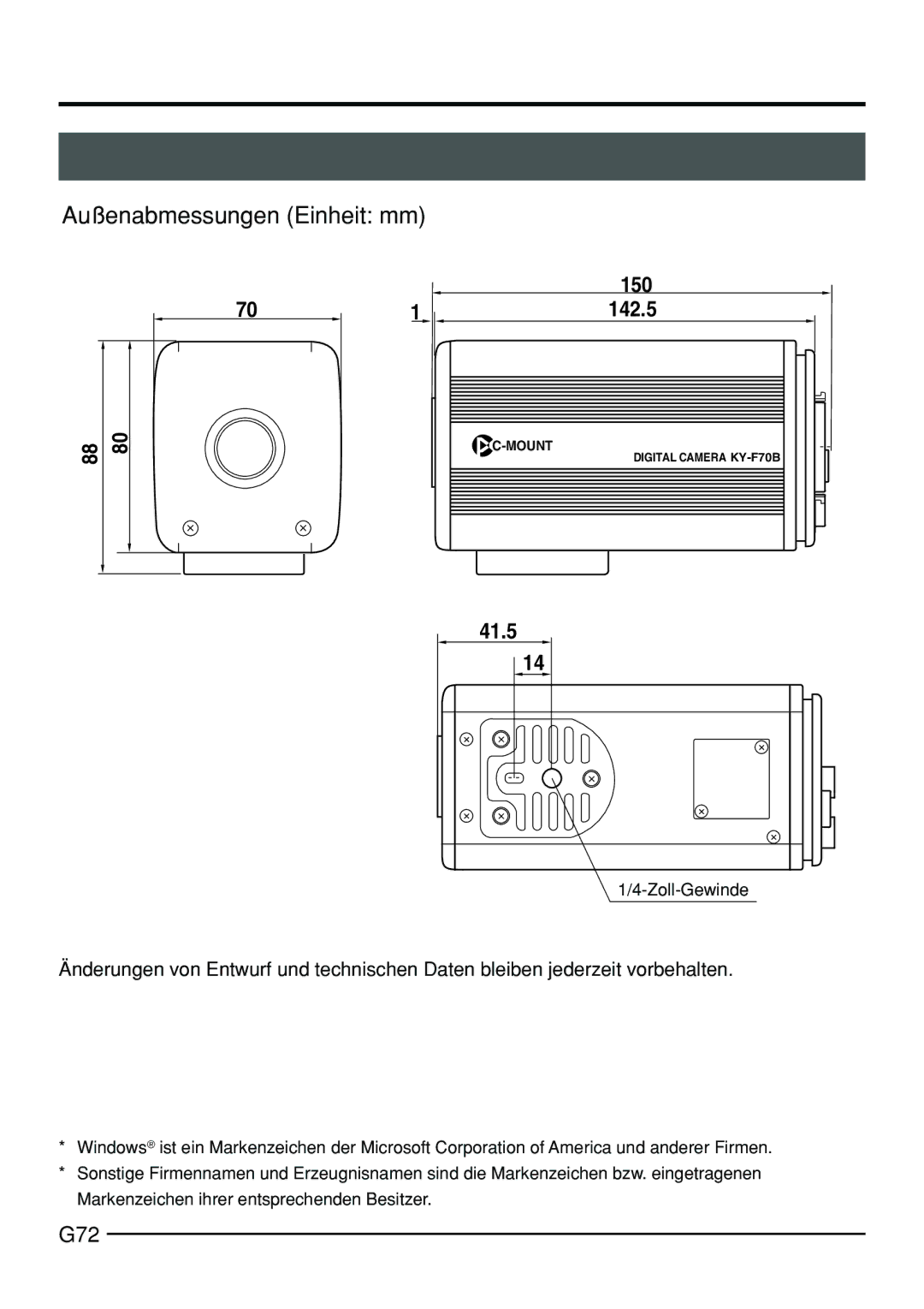 JVC KY-F70B manual Außenabmessungen Einheit mm, G72, Zoll-Gewinde 