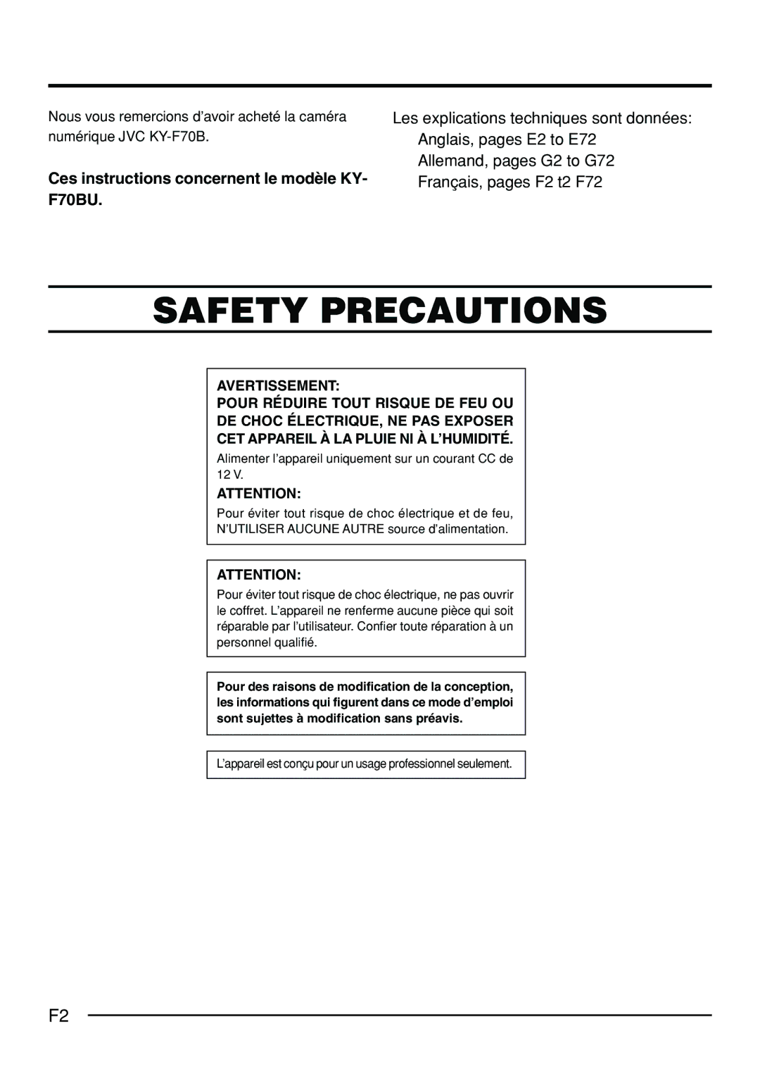 JVC KY-F70B manual Ces instructions concernent le modèle KY- F70BU 