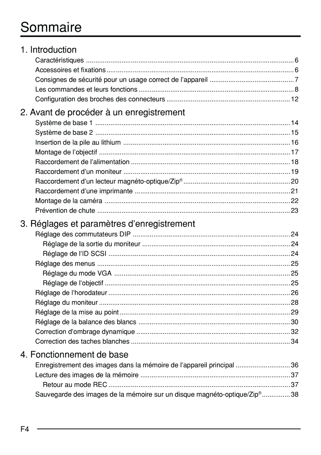 JVC KY-F70B manual Sommaire, Caractéristiques Accessoires et fixations, Lecture des images de la mémoire Retour au mode REC 