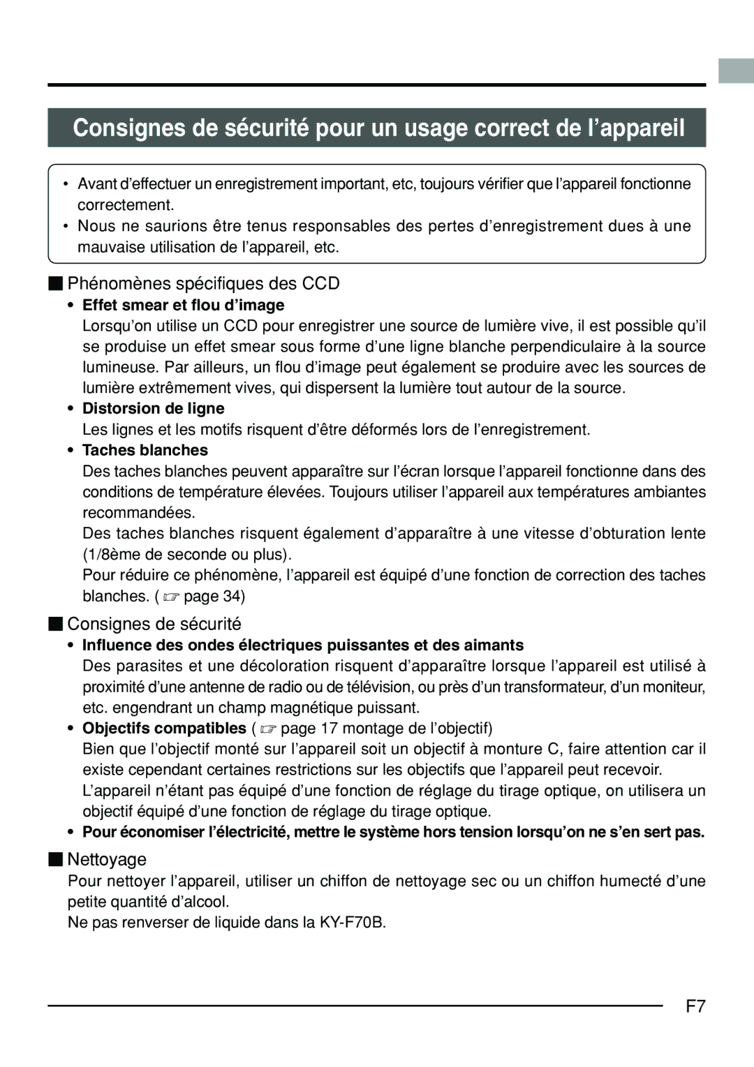 JVC KY-F70B manual Consignes de sécurité pour un usage correct de l’appareil,  Phénomènes spécifiques des CCD,  Nettoyage 