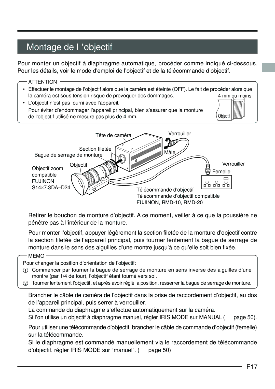 JVC KY-F70B manual Montage de l’objectif, F17, Télécommande d’objectif 