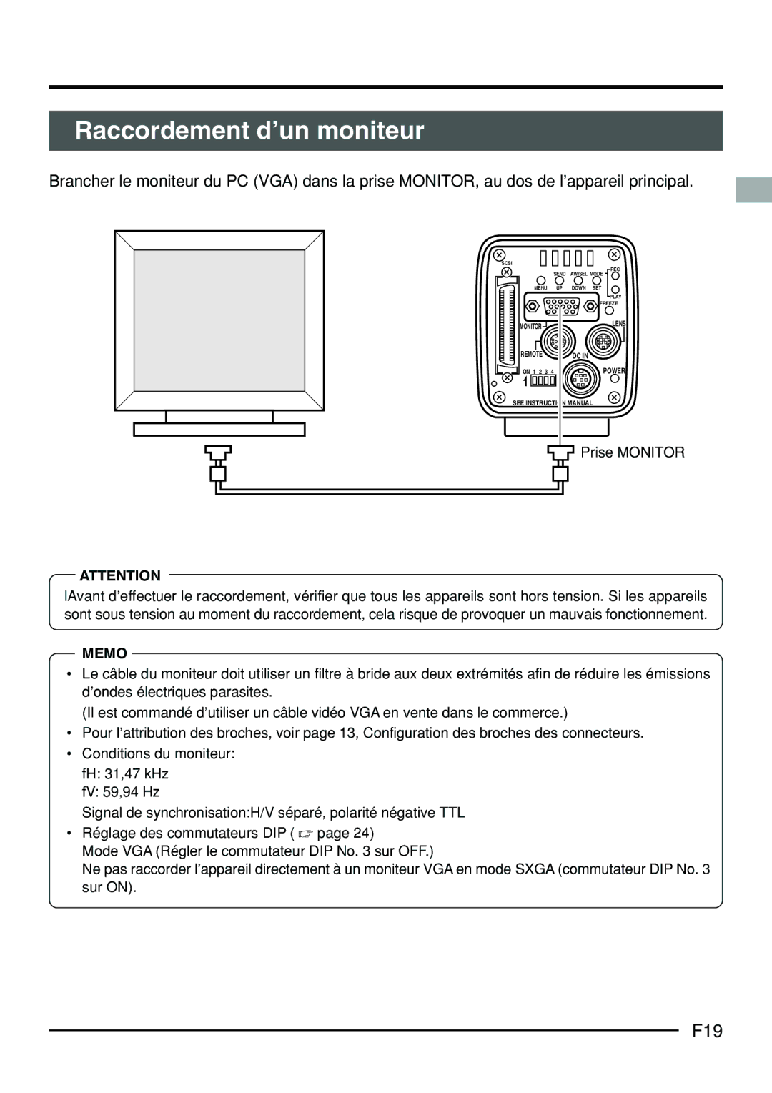 JVC KY-F70B manual Raccordement d’un moniteur, F19, Prise Monitor 