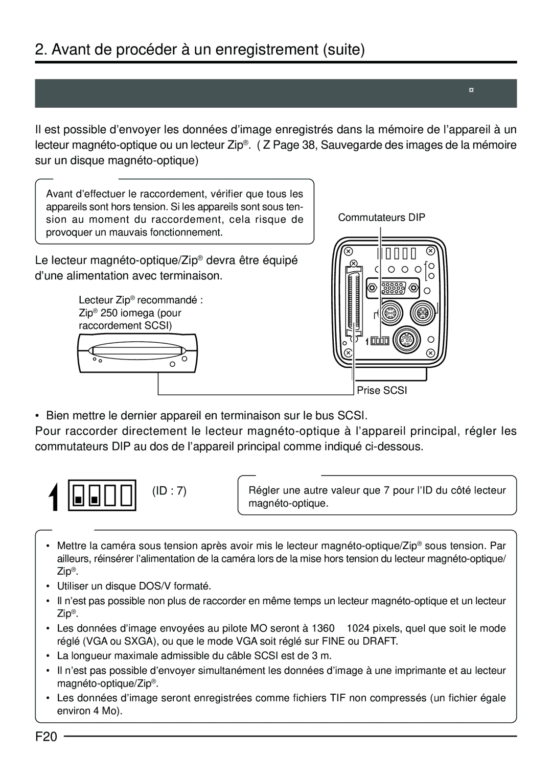 JVC KY-F70B manual Raccordement d’un lecteur magnéto-optique/Zip, F20, Prise Scsi 