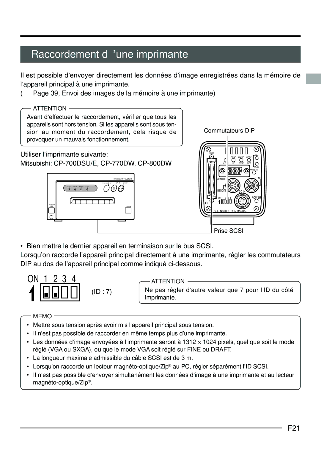 JVC KY-F70B manual Raccordement d’une imprimante, F21, Ne pas régler d’autre valeur que 7 pour l’ID du côté, Imprimante 