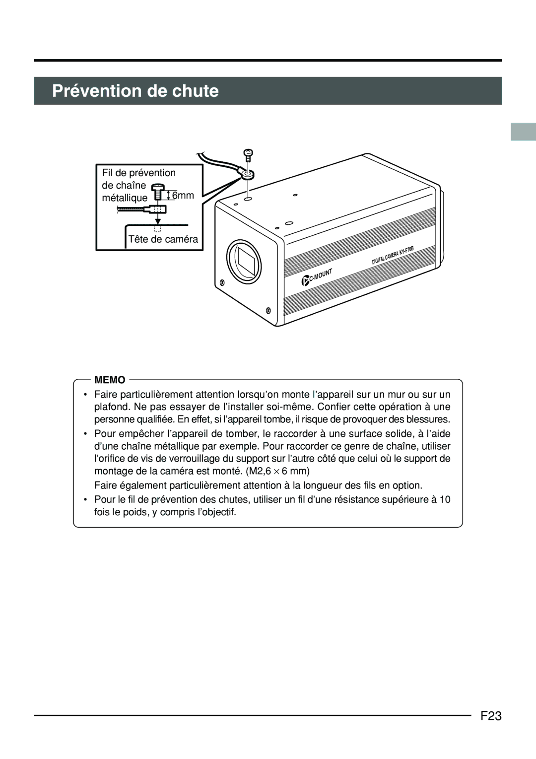 JVC KY-F70B manual Prévention de chute, F23, Fil de prévention De chaîne Métallique 6mm Tête de caméra 