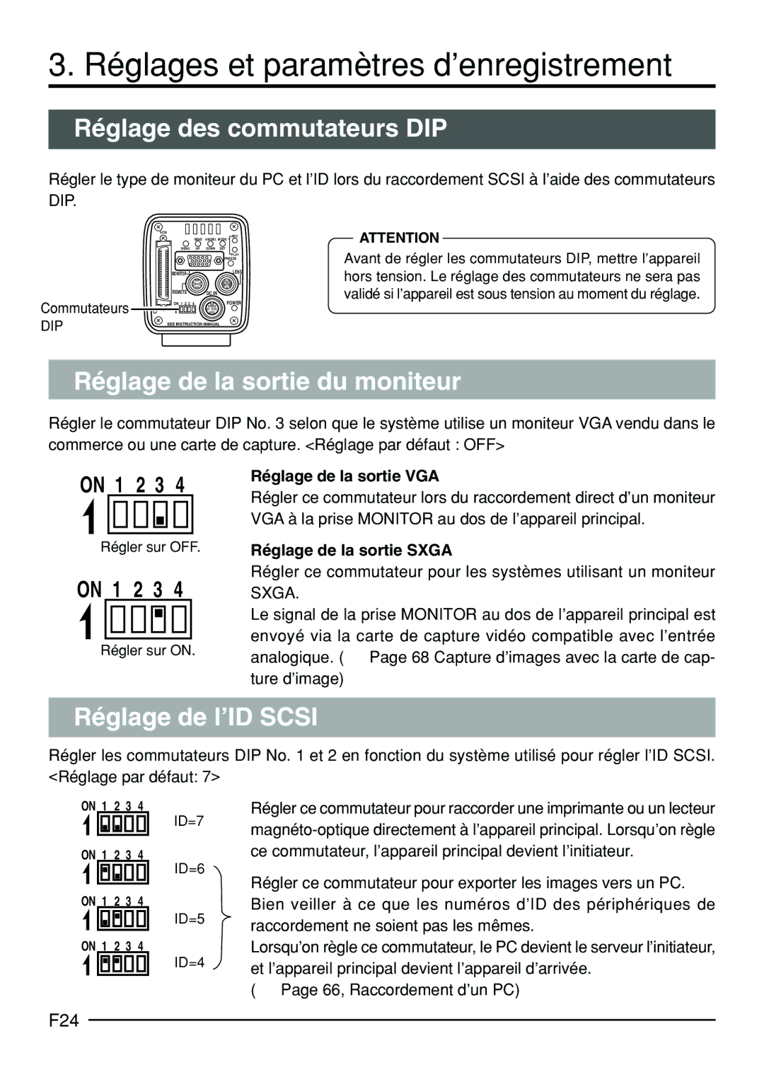 JVC KY-F70B Réglages et paramètres d’enregistrement, Réglage des commutateurs DIP, Réglage de la sortie du moniteur, F24 