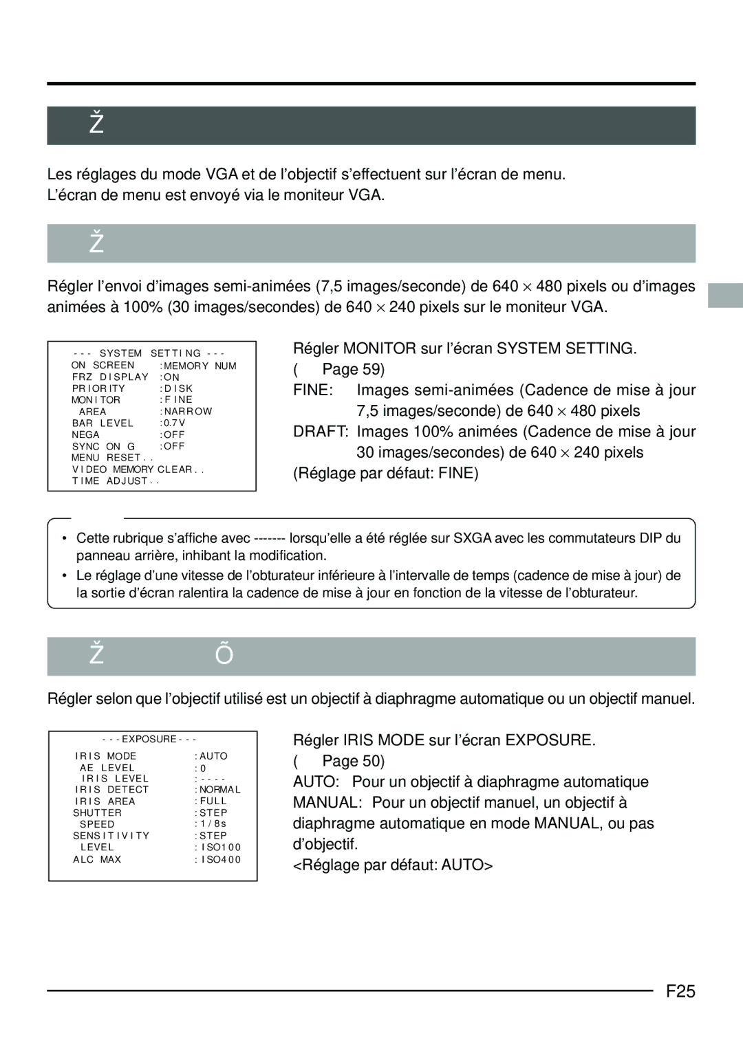 JVC KY-F70B manual Réglage des menus, Réglage du mode VGA, Réglage de l’objectif, F25 