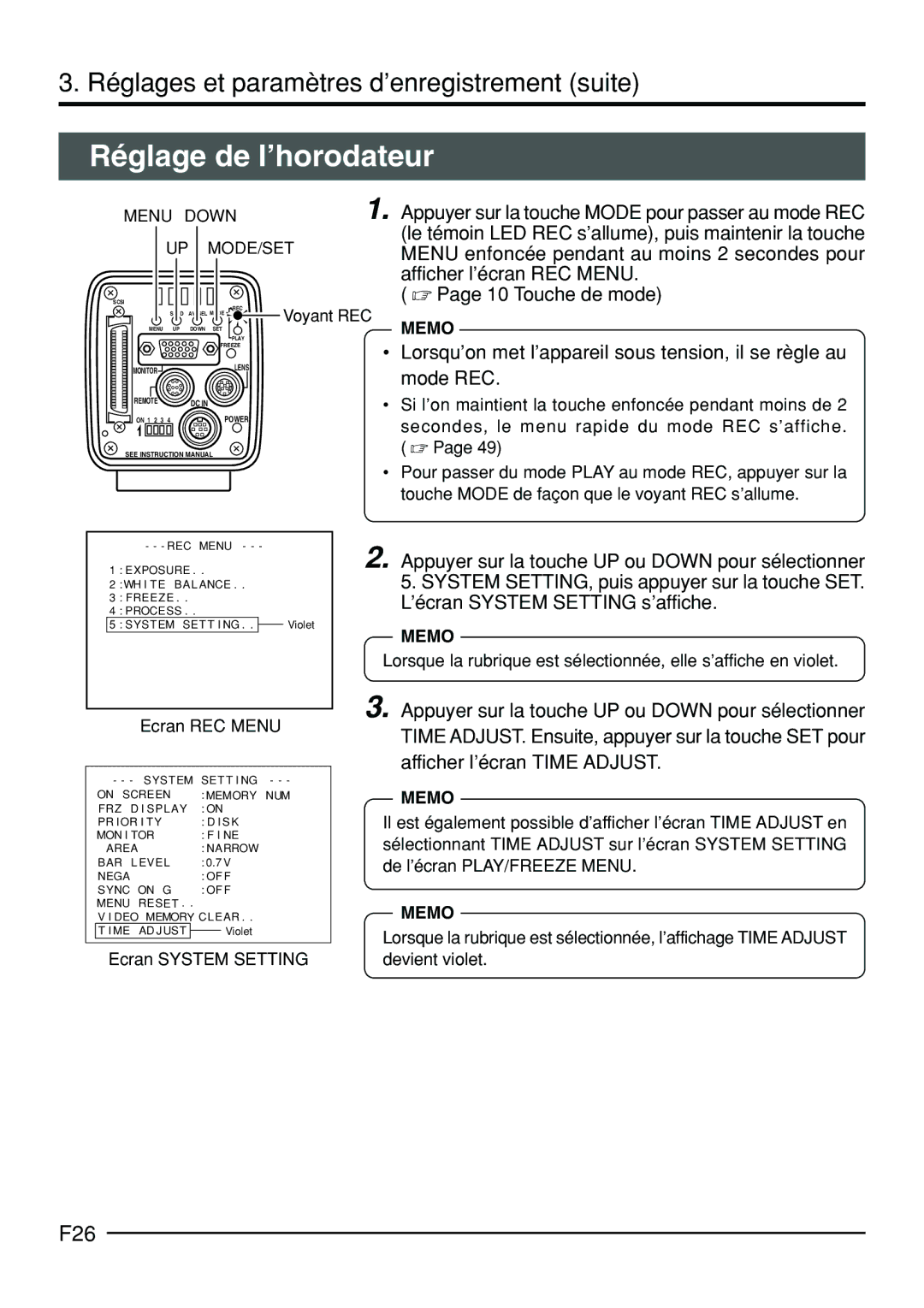 JVC KY-F70B manual Réglage de l’horodateur, F26 