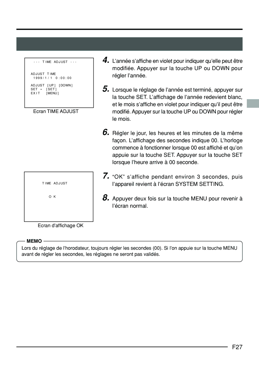 JVC KY-F70B manual F27, Ecran Time Adjust, Ecran d’affichage OK 