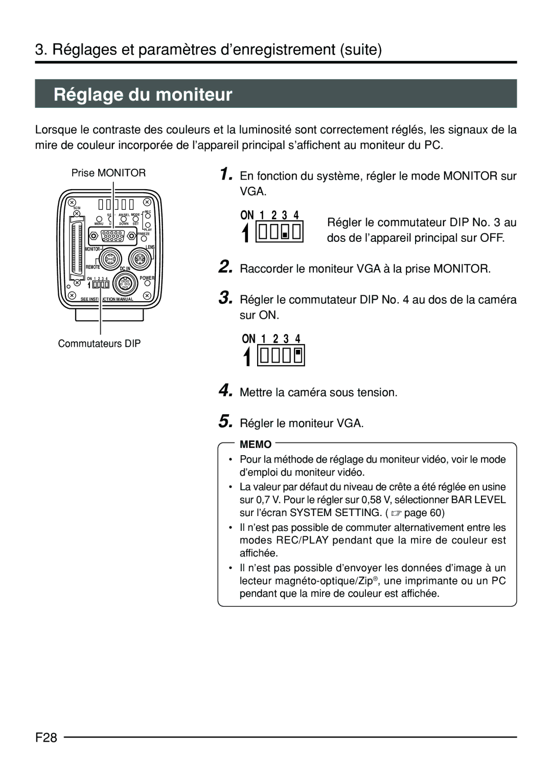 JVC KY-F70B manual Réglage du moniteur, F28, En fonction du système, régler le mode Monitor sur VGA 