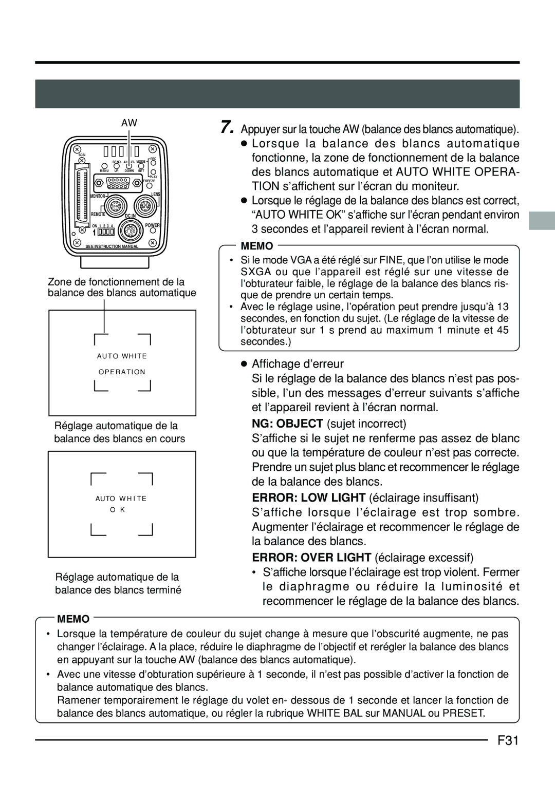 JVC KY-F70B manual F31, Réglage automatique de la balance des blancs en cours 