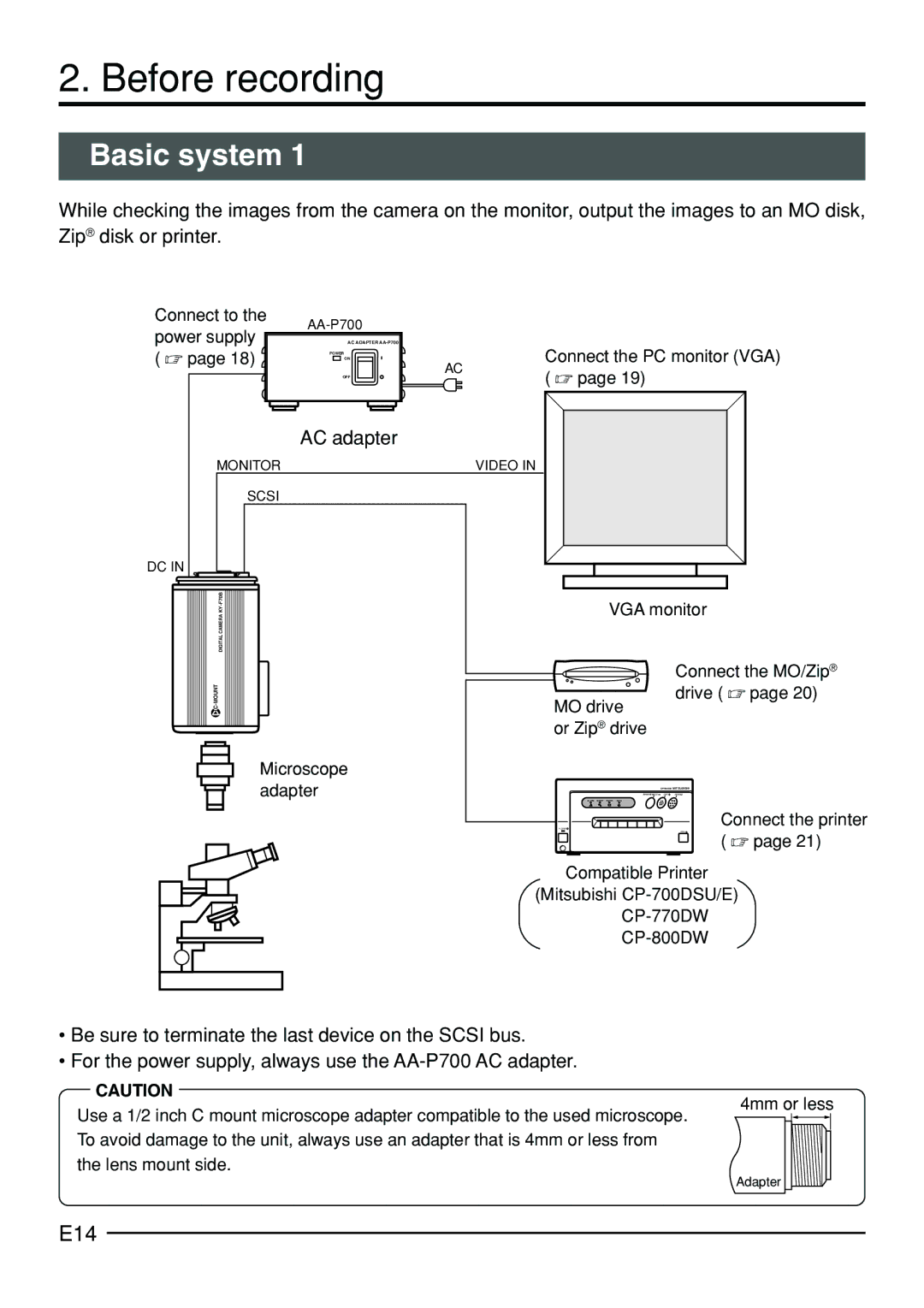 JVC KY-F70B manual Before recording, Basic system, E14, AC adapter, Connect the PC monitor VGA  