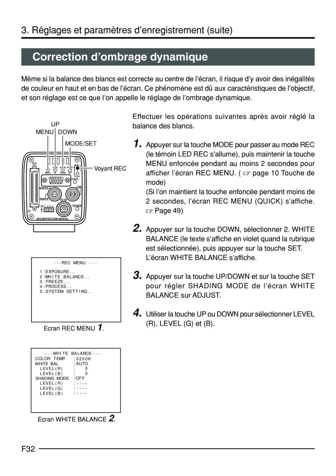 JVC KY-F70B manual Correction d’ombrage dynamique, F32 